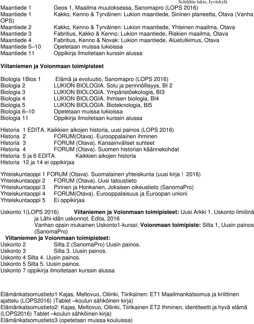 Maantiede 5 10 Opetetaan muissa lukioissa Maantiede 11 Oppikirja ilmoitetaan kurssin alussa Viitaniemen ja Voionmaan toimipisteet Biologia 1Bios 1 Elämä ja evoluutio, Sanomapro (LOPS 2016) Biologia 2