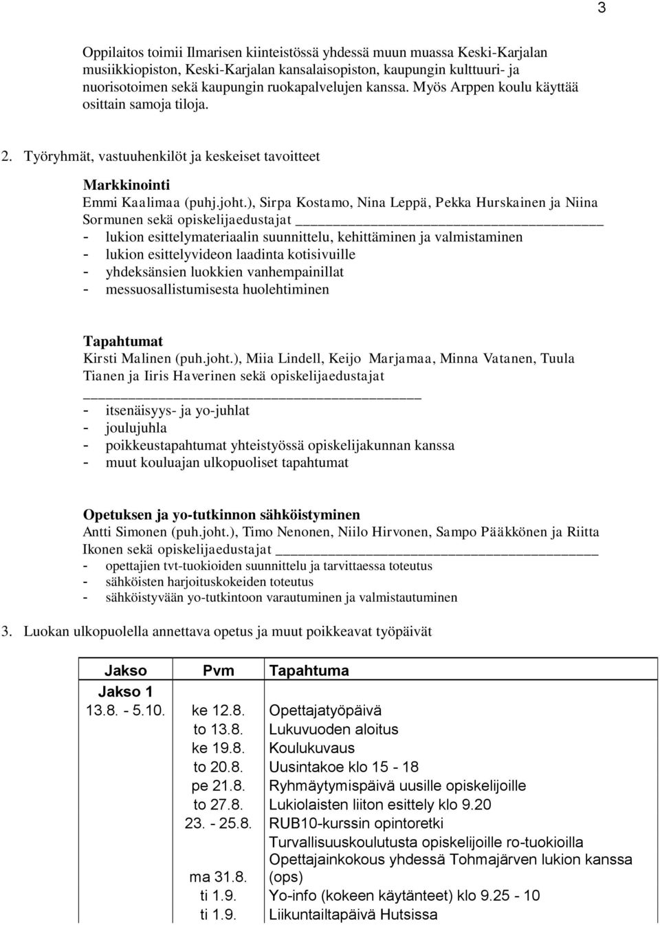 ), Sirpa Kostamo, Nina Leppä, Pekka Hurskainen ja Niina Sormunen sekä opiskelijaedustajat - lukion esittelymateriaalin suunnittelu, kehittäminen ja valmistaminen - lukion esittelyvideon laadinta