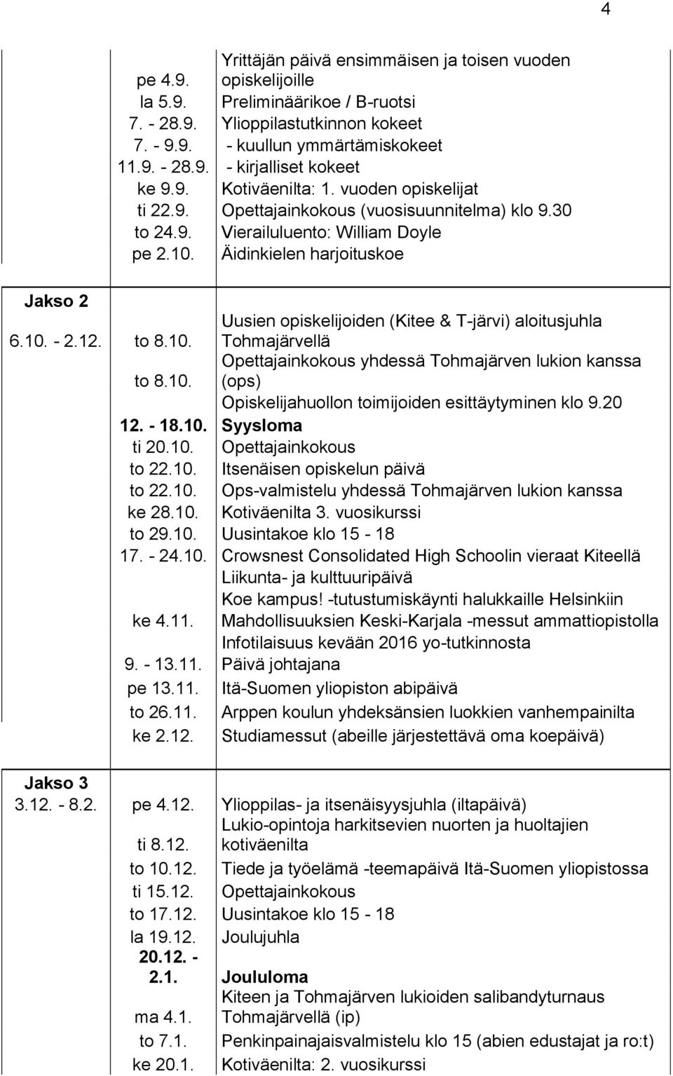 Äidinkielen harjoituskoe Jakso 2 6.10. - 2.12. to 8.10. Uusien opiskelijoiden (Kitee & T-järvi) aloitusjuhla Tohmajärvellä to 8.10. Opettajainkokous yhdessä Tohmajärven lukion kanssa (ops) Opiskelijahuollon toimijoiden esittäytyminen klo 9.