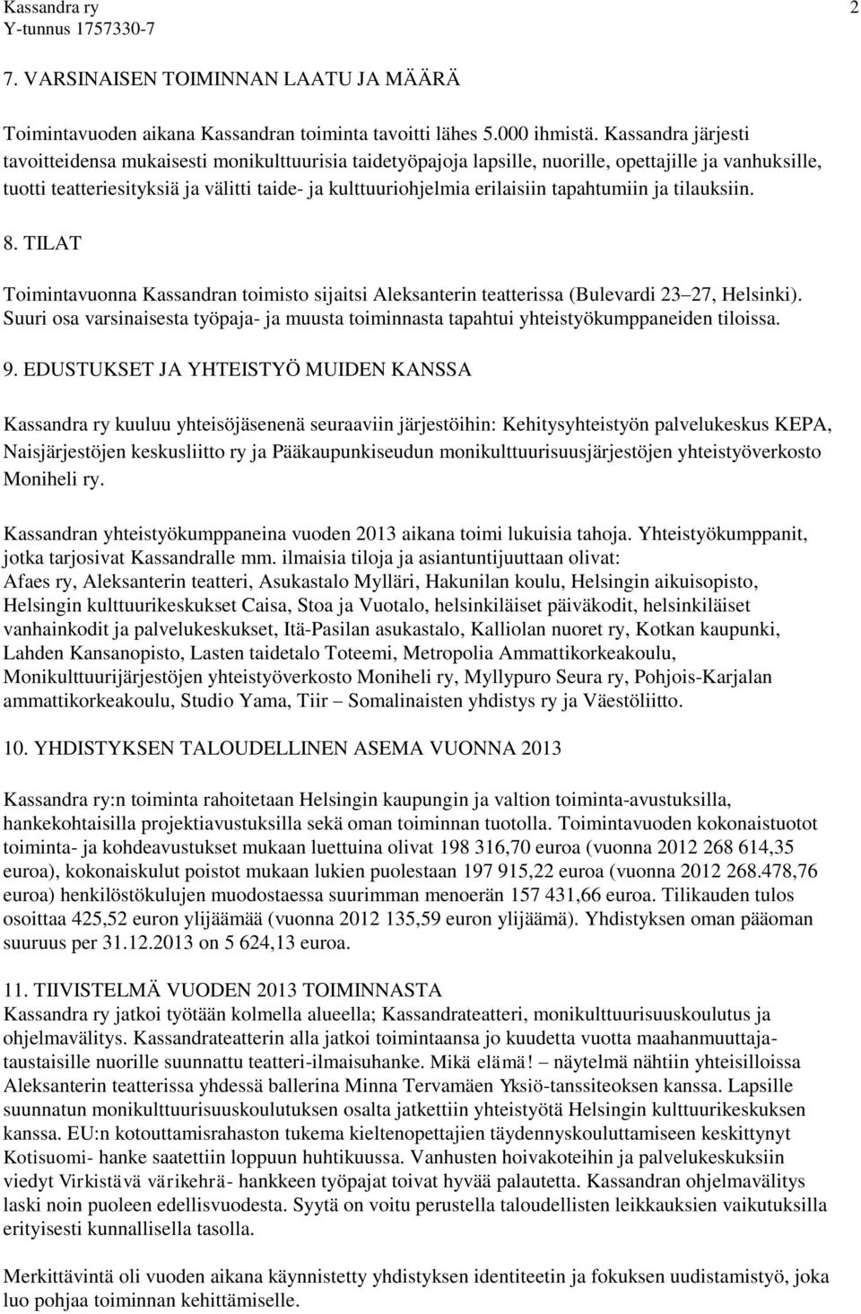 tapahtumiin ja tilauksiin. 8. TILAT Toimintavuonna Kassandran toimisto sijaitsi Aleksanterin teatterissa (Bulevardi 23 27, Helsinki).