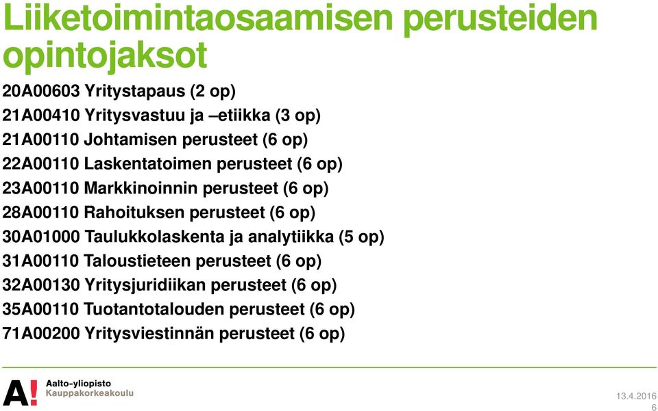 28A00110 Rahoituksen perusteet (6 op) 30A01000 Taulukkolaskenta ja analytiikka (5 op) 31A00110 Taloustieteen perusteet (6