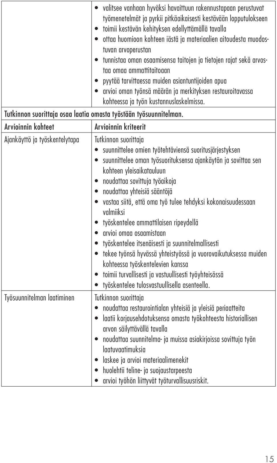 arvioi oman työnsä määrän ja merkityksen restauroitavassa kohteessa ja työn kustannuslaskelmissa. osaa laatia omasta työstään työsuunnitelman.