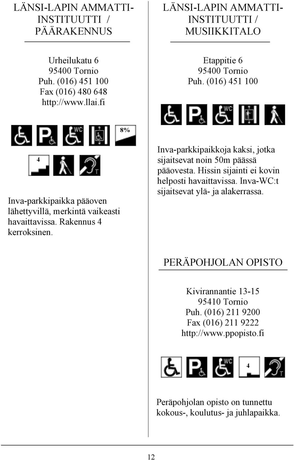 Inva-parkkipaikkoja kaksi, jotka sijaitsevat noin 50m päässä pääovesta. Hissin sijainti ei kovin helposti havaittavissa. Inva-WC:t sijaitsevat ylä- ja alakerrassa.