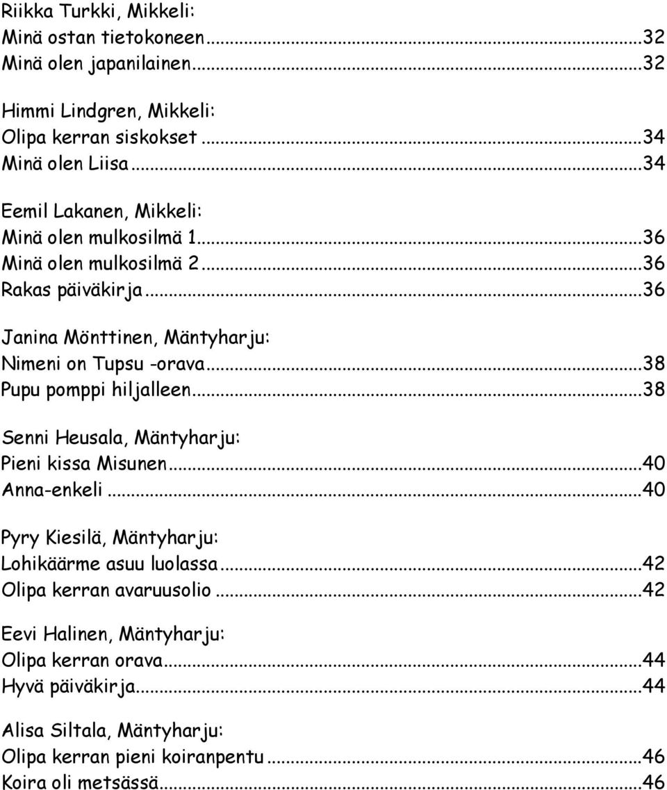 ..38 Pupu pomppi hiljalleen...38 Senni Heusala, Mäntyharju: Pieni kissa Misunen...40 Anna-enkeli...40 Pyry Kiesilä, Mäntyharju: Lohikäärme asuu luolassa.