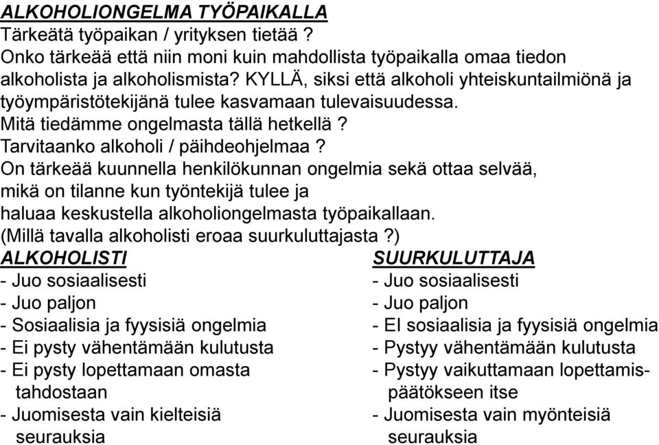 On tärkeää kuunnella henkilökunnan ongelmia sekä ottaa selvää, mikä on tilanne kun työntekijä tulee ja haluaa keskustella alkoholiongelmasta työpaikallaan.