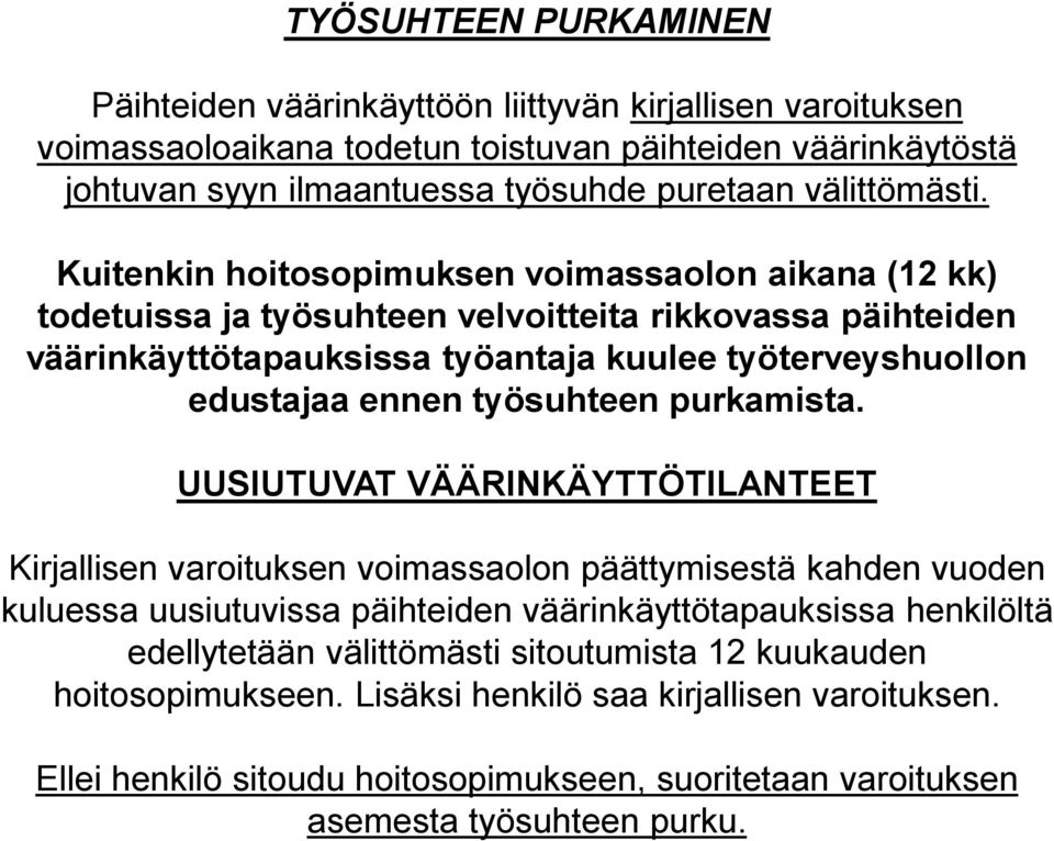 Kuitenkin hoitosopimuksen voimassaolon aikana (12 kk) todetuissa ja työsuhteen velvoitteita rikkovassa päihteiden väärinkäyttötapauksissa työantaja kuulee työterveyshuollon edustajaa ennen