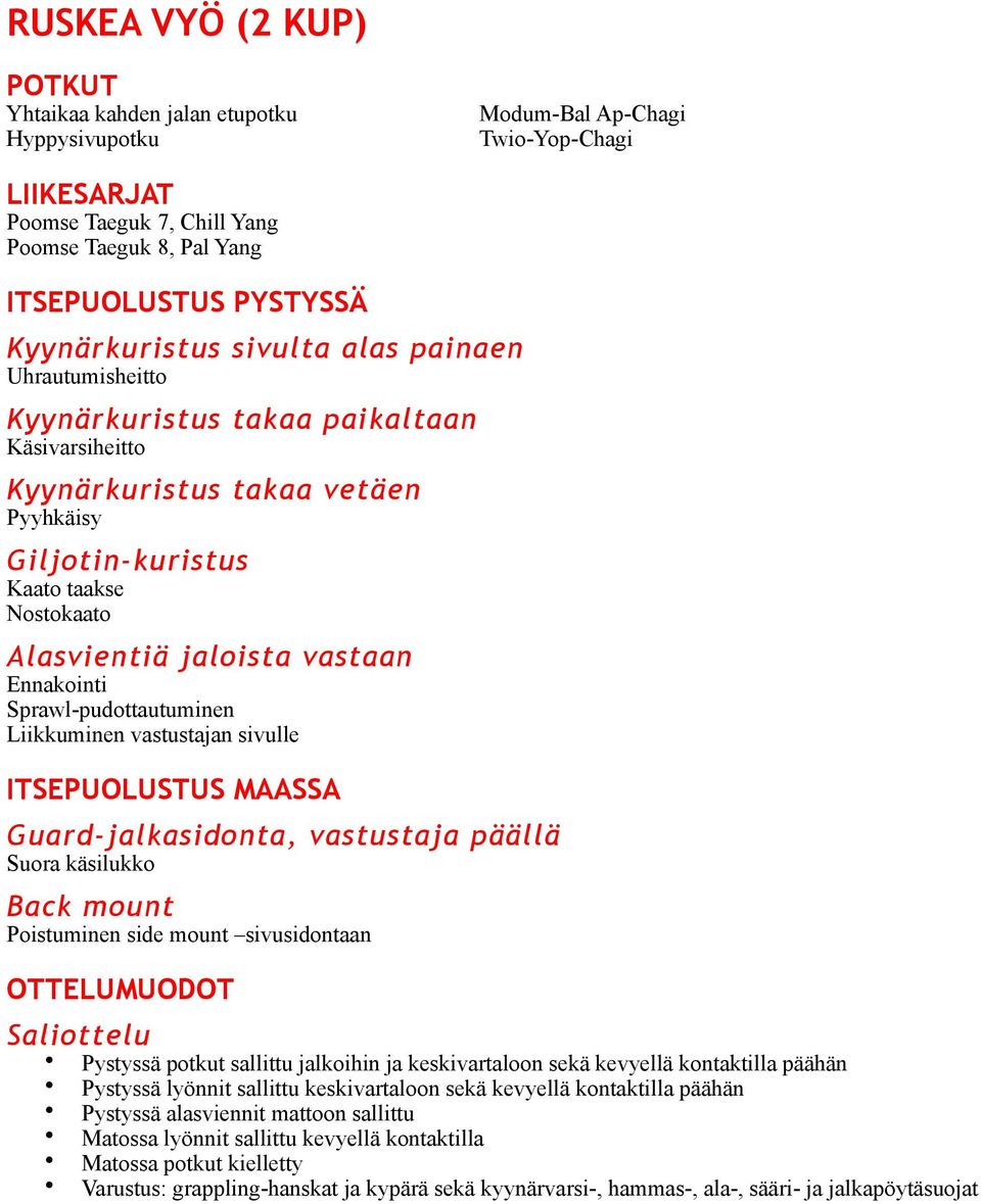 Ennakointi Sprawl-pudottautuminen Liikkuminen vastustajan sivulle Guard-jalkasidonta, vastustaja päällä Suora käsilukko Back mount Poistuminen side mount sivusidontaan OTTELUMUODOT Saliottelu