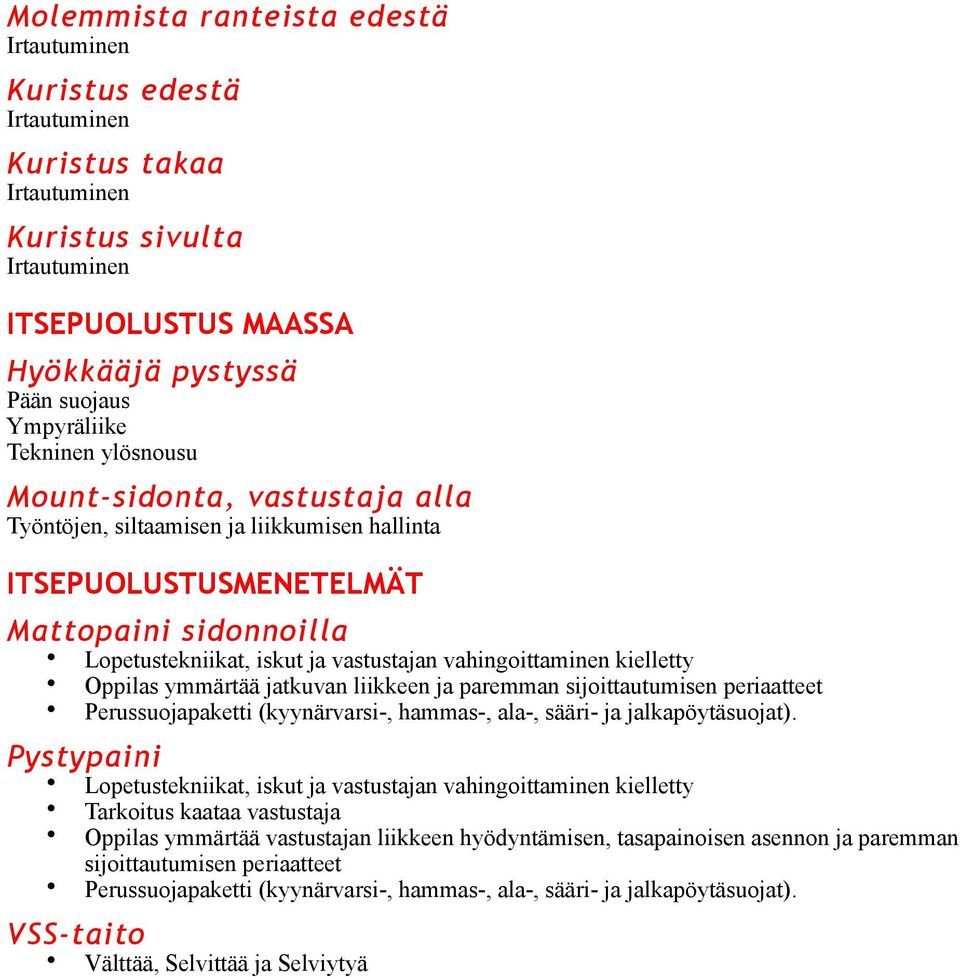 ymmärtää jatkuvan liikkeen ja paremman sijoittautumisen periaatteet Perussuojapaketti (kyynärvarsi-, hammas-, ala-, sääri- ja jalkapöytäsuojat).