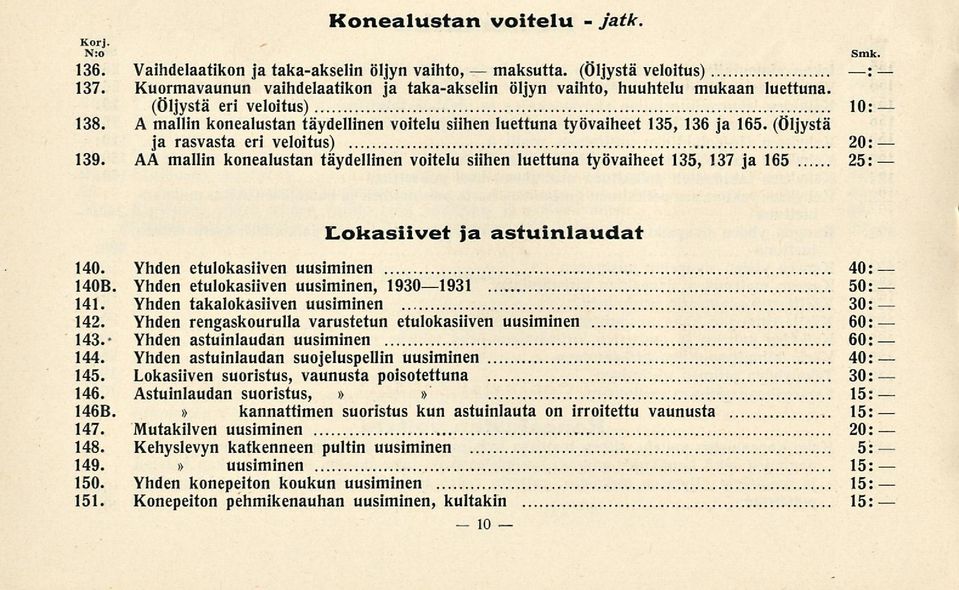 (öljystä ja rasvasta eri veloitus) 20 139. AA mallin konealustan täydellinen voitelu siihen luettuna työvaiheet 135, 137 ja 165 25 Hokasiivet ja astuinlaudat 140.