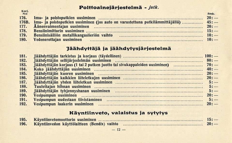 Jäähdyttäjän tarkistus ja korjaus (täydellinen) 100: 182. Jäähdyttäjän selli järjestelmän uusiminen 80: 183. Jäähdyttäjän korjaus (1 tai 2 putken juotto tai sivukappaleiden uusiminen) 70: 184.