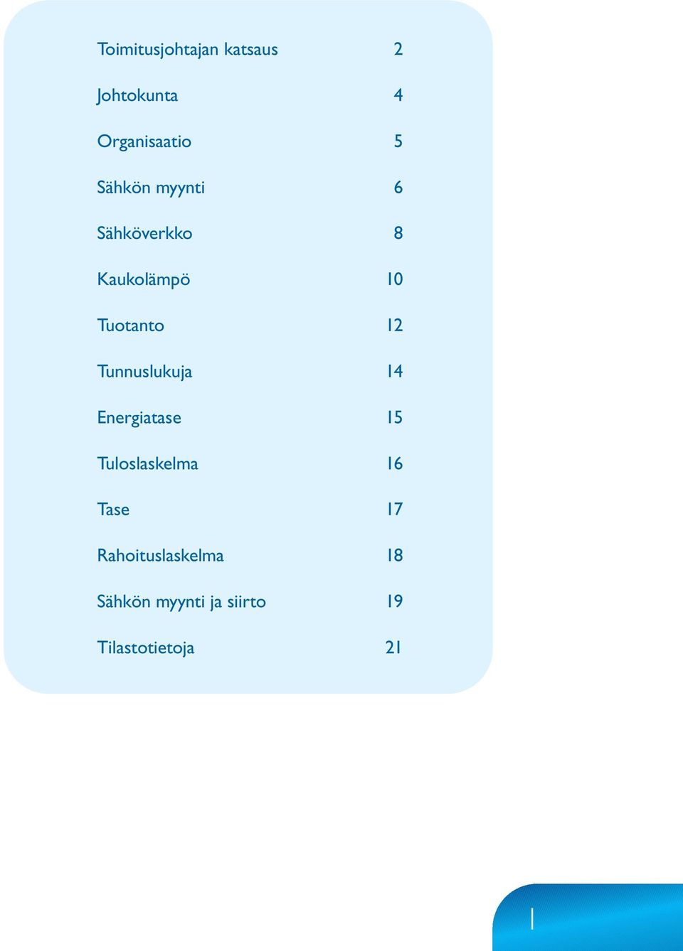 Tunnuslukuja 14 Energiatase 15 Tuloslaskelma 16 Tase 17