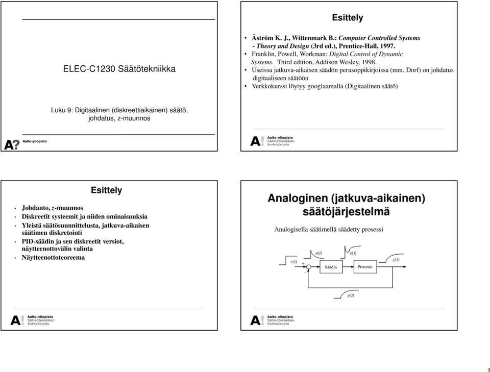 Dorf) on johdatus digitaaliseen säätöön Verkkokurssi löytyy googlaamalla (Digitaalinen säätö) Luku 9: Digitaalinen (diskreettiaikainen) säätö, johdatus, z-muunnos Johdanto, z-muunnos Esittely