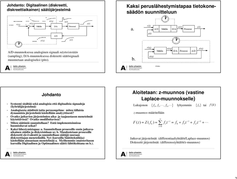 AS-laitos Johdanto Systeemi sisältää sekä analogisia että digitaalisia signaaleja (hybridijärjestelmä) Analogisesta säädöstä tuttu perusongelma: miten tällaisia dynaamisia järjestelmiä käsitellään