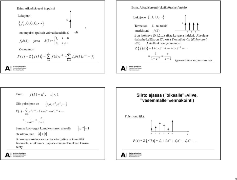Absoluuttiaika hetkellä k on kt, jossa T on näyteväli (diskretointiväli). Askelfunktion z-muunnos: (geometrisen sarjan summa) Esim.