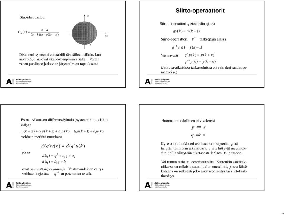 Aikatason differenssiyhtälö (systeemin tulo-lähtöesitys) Huomaa muodollinen ekvivalenssi voidaan merkitä muodossa jossa ovat operaattoripolynomeja.