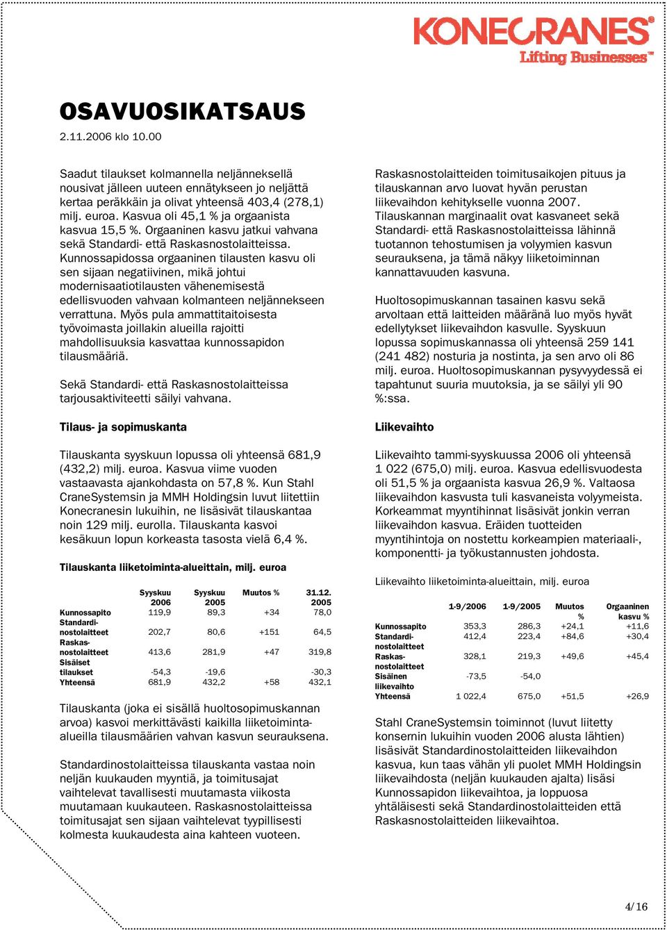 Kunnossapidossa orgaaninen tilausten kasvu oli sen sijaan negatiivinen, mikä johtui modernisaatiotilausten vähenemisestä edellisvuoden vahvaan kolmanteen neljännekseen verrattuna.