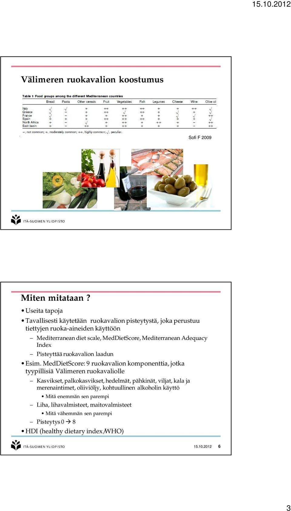 Mediterranean Adequacy Index Pisteyttää ruokavalion laadun Esim.