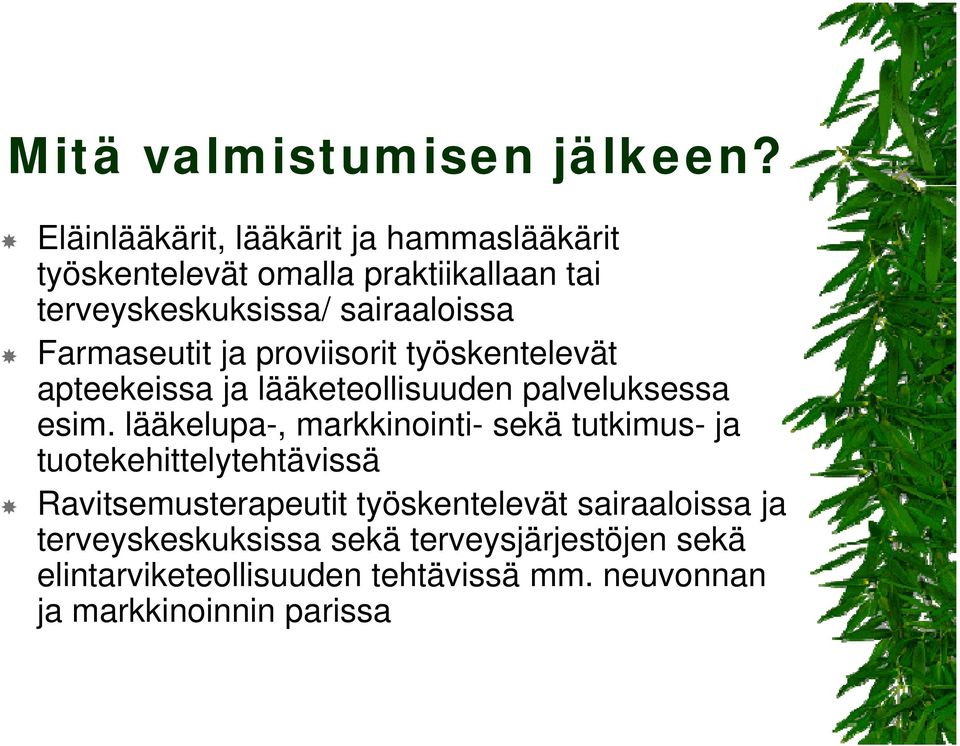 Farmaseutit ja proviisorit työskentelevät apteekeissa ja lääketeollisuuden palveluksessa esim.