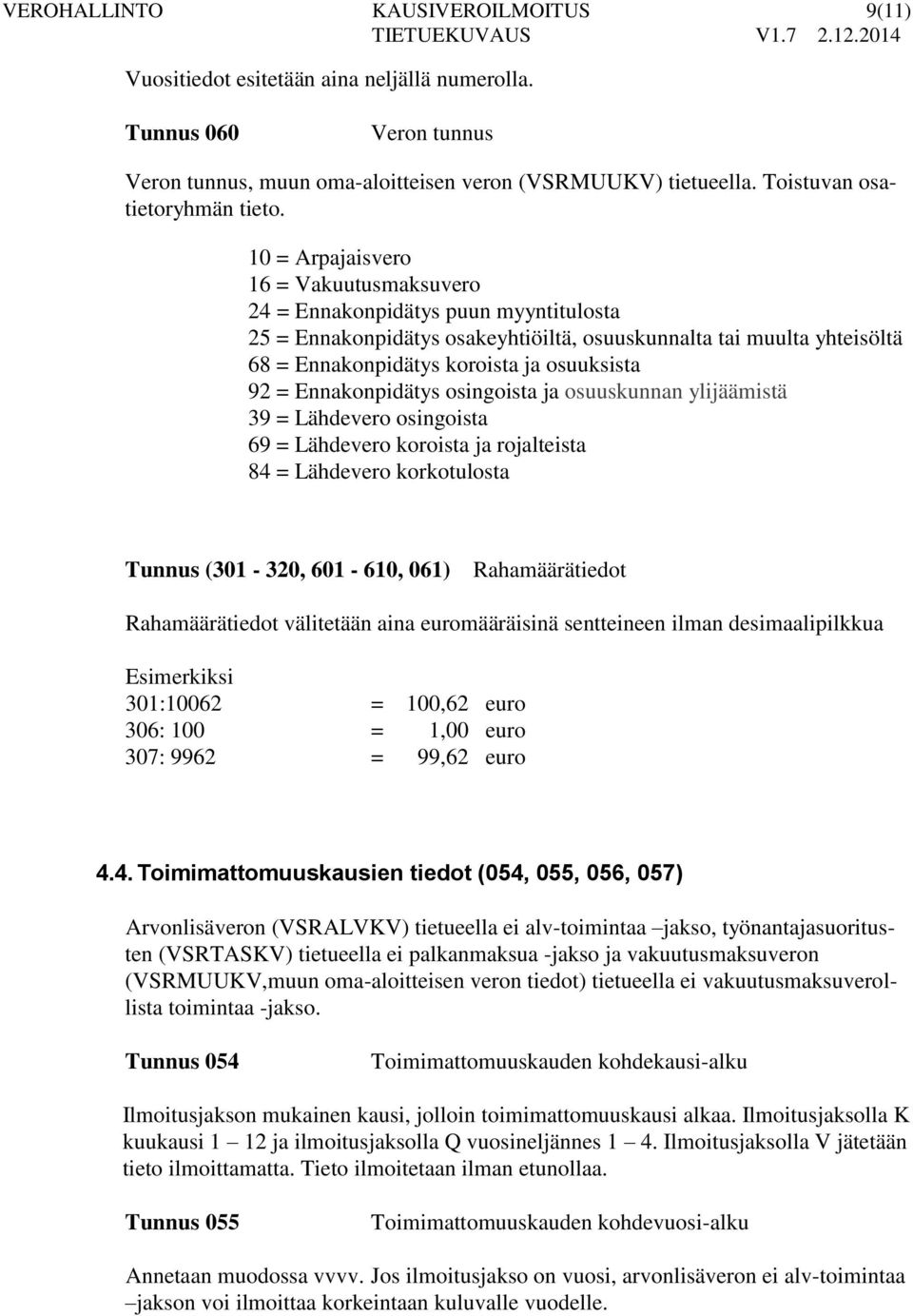 10 = Arpajaisvero 16 = Vakuutusmaksuvero 24 = Ennakonpidätys puun myyntitulosta 25 = Ennakonpidätys osakeyhtiöiltä, osuuskunnalta tai muulta yhteisöltä 68 = Ennakonpidätys koroista ja osuuksista 92 =