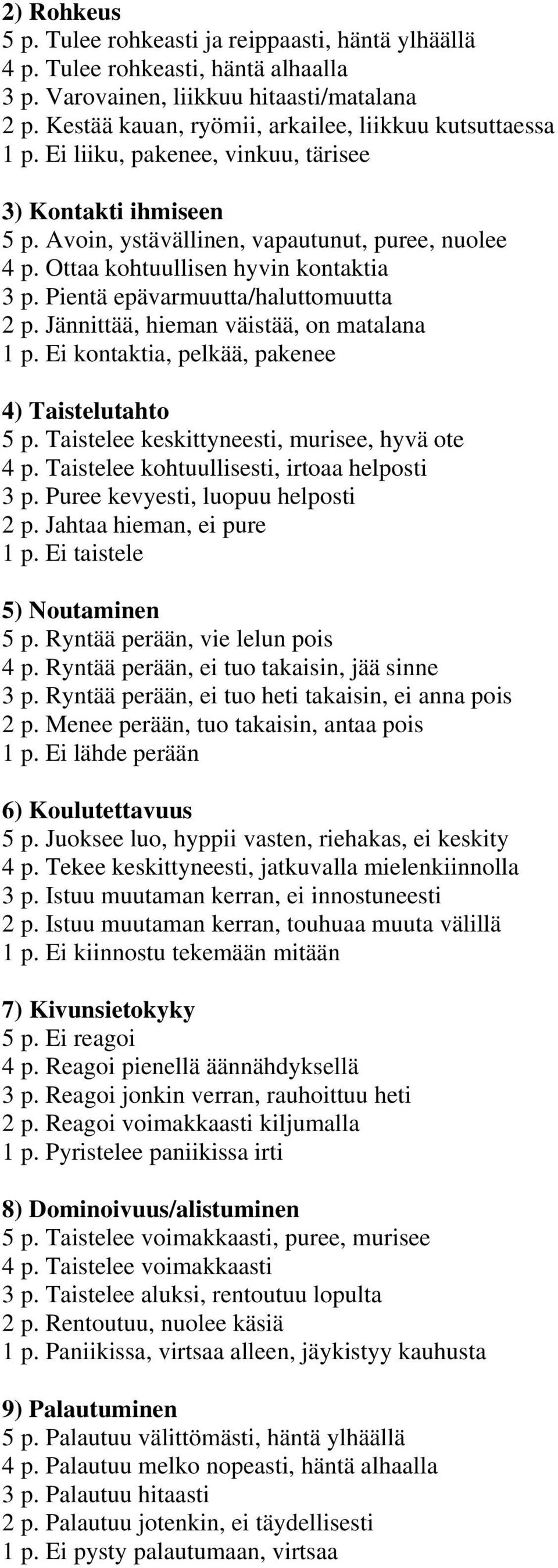 Ottaa kohtuullisen hyvin kontaktia 3 p. Pientä epävarmuutta/haluttomuutta 2 p. Jännittää, hieman väistää, on matalana 1 p. Ei kontaktia, pelkää, pakenee 4) Taistelutahto 5 p.