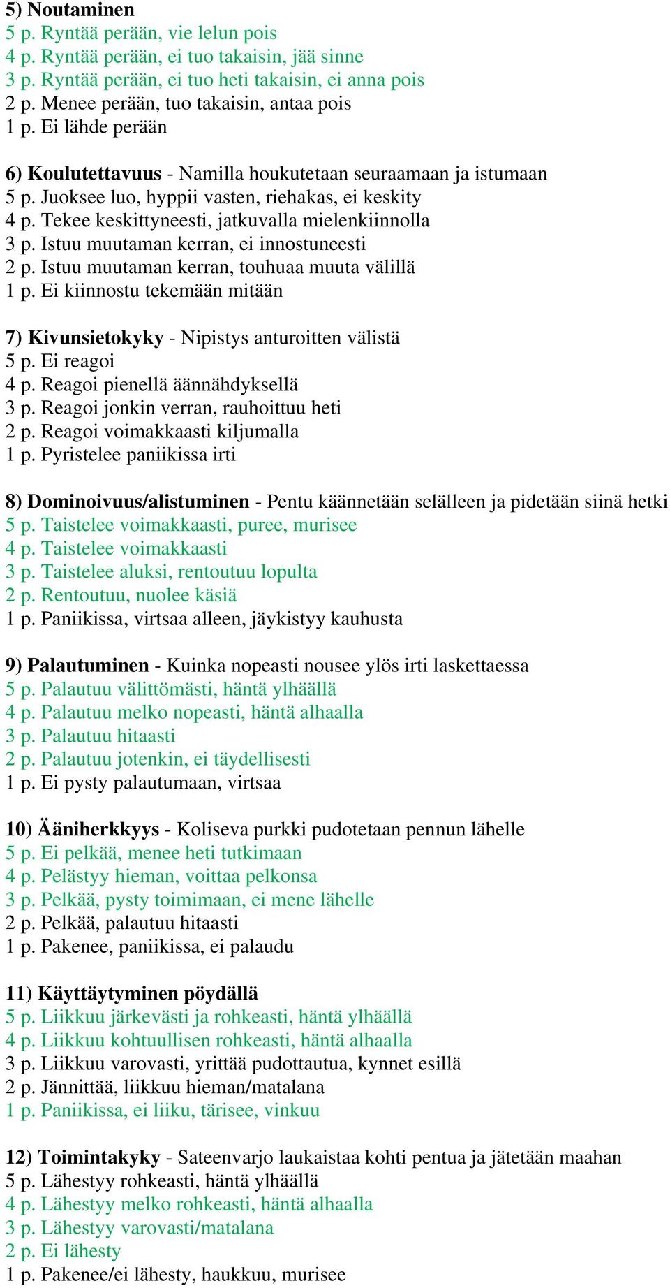 Istuu muutaman kerran, ei innostuneesti 2 p. Istuu muutaman kerran, touhuaa muuta välillä 1 p. Ei kiinnostu tekemään mitään 7) Kivunsietokyky - Nipistys anturoitten välistä 5 p. Ei reagoi 4 p.
