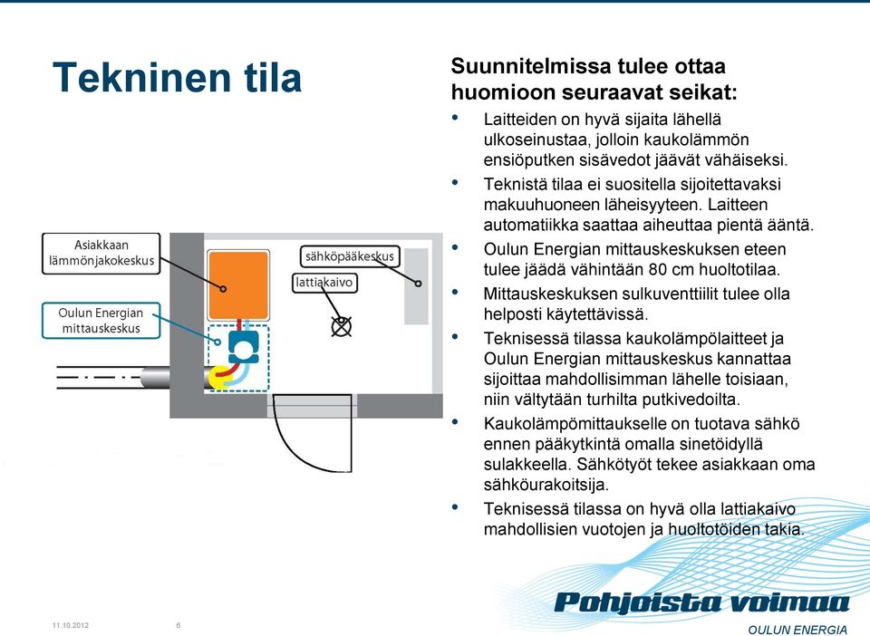 Oulun Energian mittauskeskuksen eteen tulee jäädä vähintään 80 cm huoltotilaa. Mittauskeskuksen sulkuventtiilit tulee olla helposti käytettävissä.