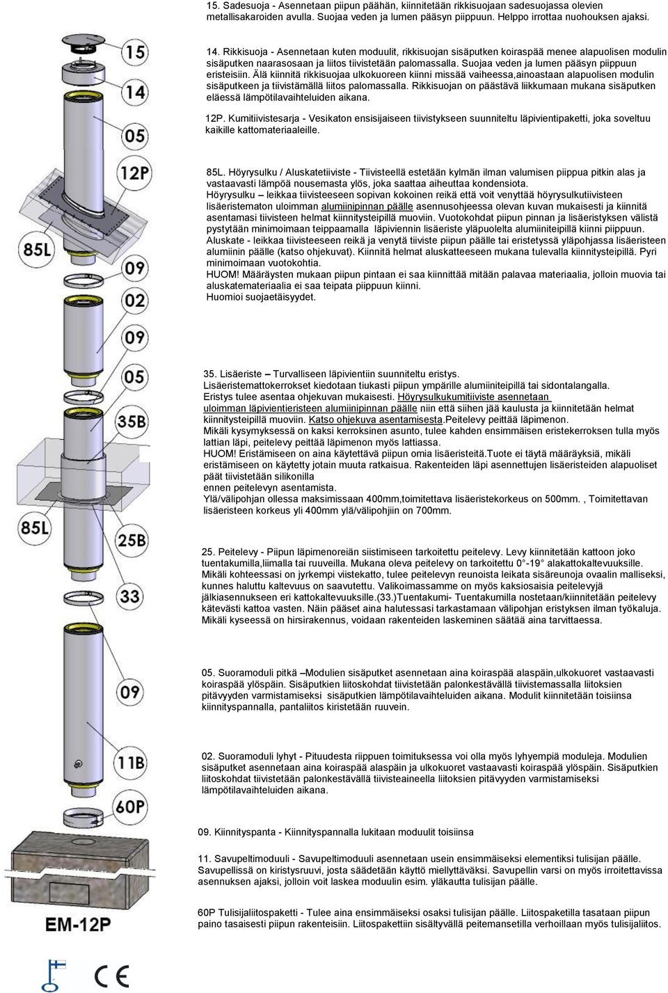 Suojaa veden ja lumen pääsyn piippuun eristeisiin. Älä kiinnitä rikkisuojaa ulkokuoreen kiinni missää vaiheessa,ainoastaan alapuolisen modulin sisäputkeen ja tiivistämällä liitos palomassalla.