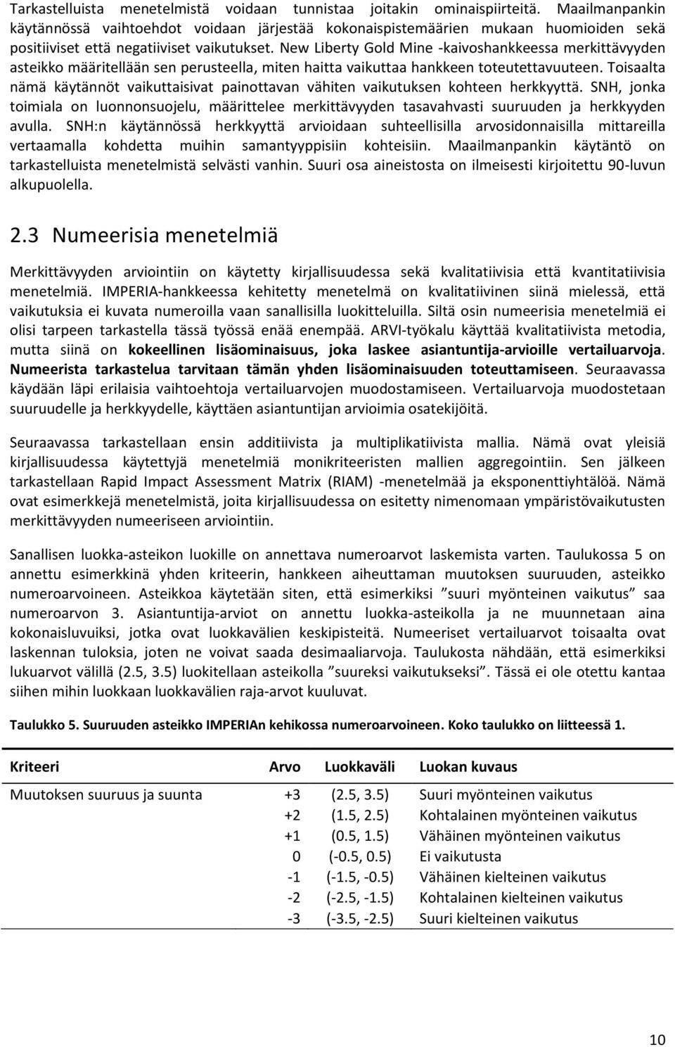 New Liberty Gold Mine -kaivoshankkeessa merkittävyyden asteikko määritellään sen perusteella, miten haitta vaikuttaa hankkeen toteutettavuuteen.