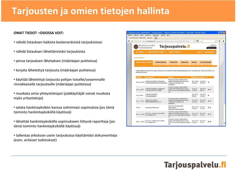 puitteissa) muokata omia yhteystietojasi (pääkäyttäjät voivat muokata myös yritystietoja) selata hankinayksikön kanssa solmimiasi sopimuksia (jos tämä toiminto hankintayksiköllä