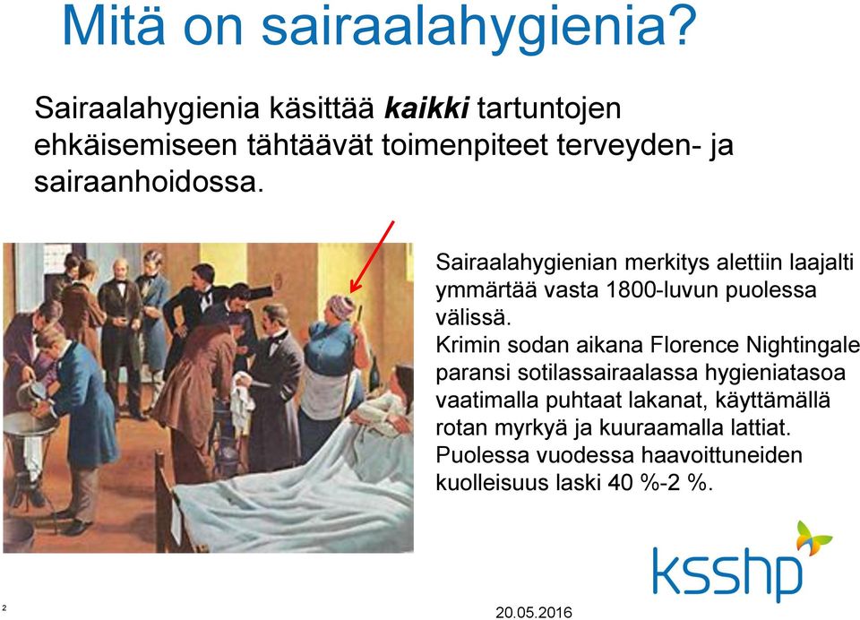 Sairaalahygienian merkitys alettiin laajalti ymmärtää vasta 1800-luvun puolessa välissä.