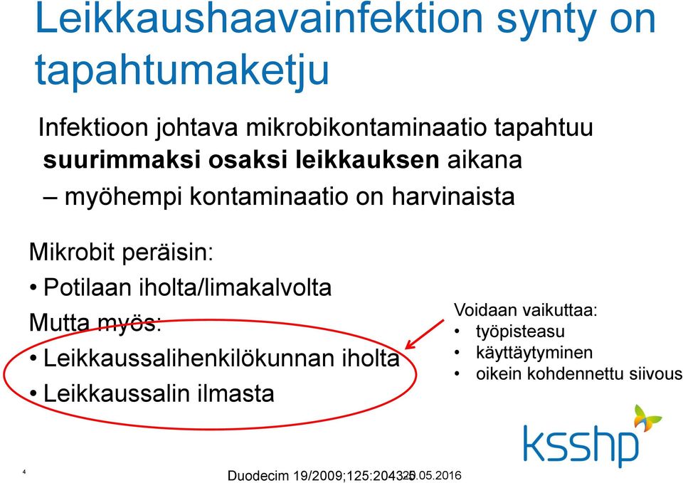 Potilaan iholta/limakalvolta Mutta myös: Leikkaussalihenkilökunnan iholta Leikkaussalin ilmasta