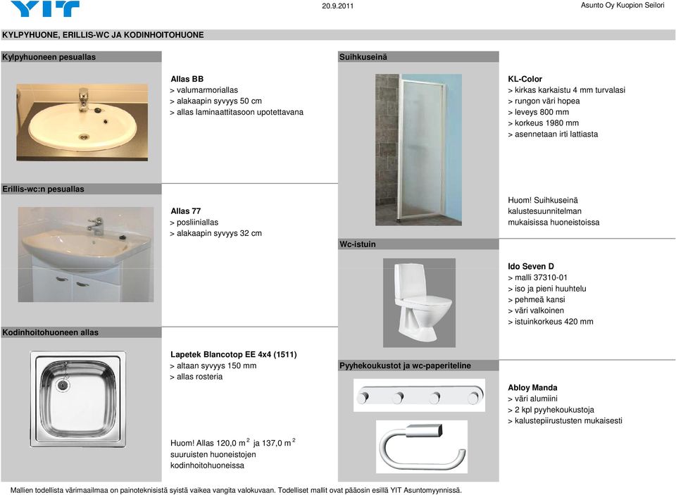 Suihkuseinä Allas 77 kalustesuunnitelman > posliiniallas mukaisissa huoneistoissa > alakaapin syvyys 32 cm Wc-istuin Ido Seven D > malli 37310-01 > iso ja pieni huuhtelu > pehmeä kansi > väri