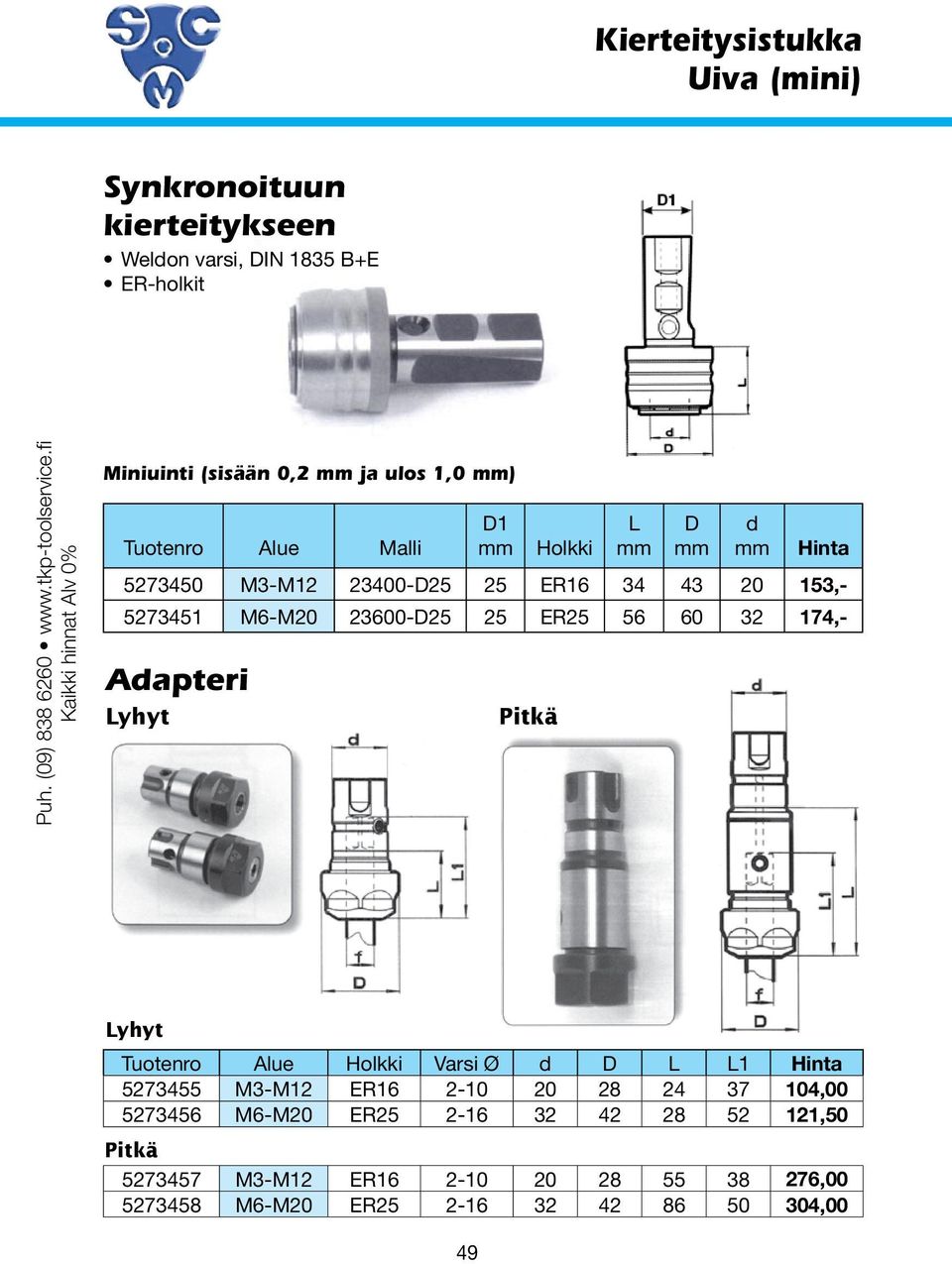 32 174,- Adapteri Lyhyt Pitkä Lyhyt Alue Holkki Varsi Ø d D L L1 Hinta 5273455 M3-M12 ER16 2-10 20 28 24 37 104,00 5273456