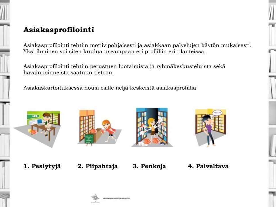 Asiakasprofilointi tehtiin perustuen luotaimista ja ryhmäkeskusteluista sekä havainnoinneista saatuun