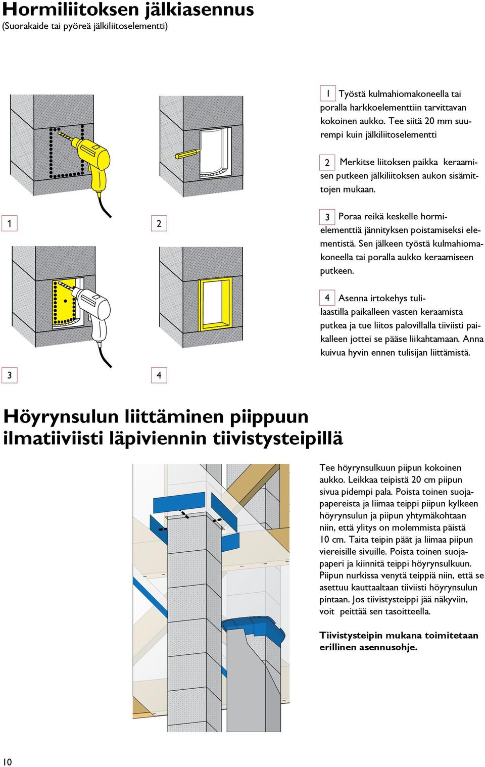 1 2 3 Poraa reikä keskelle hormielementtiä jännityksen poistamiseksi elementistä. Sen jälkeen työstä kulmahiomakoneella tai poralla aukko keraamiseen putkeen.