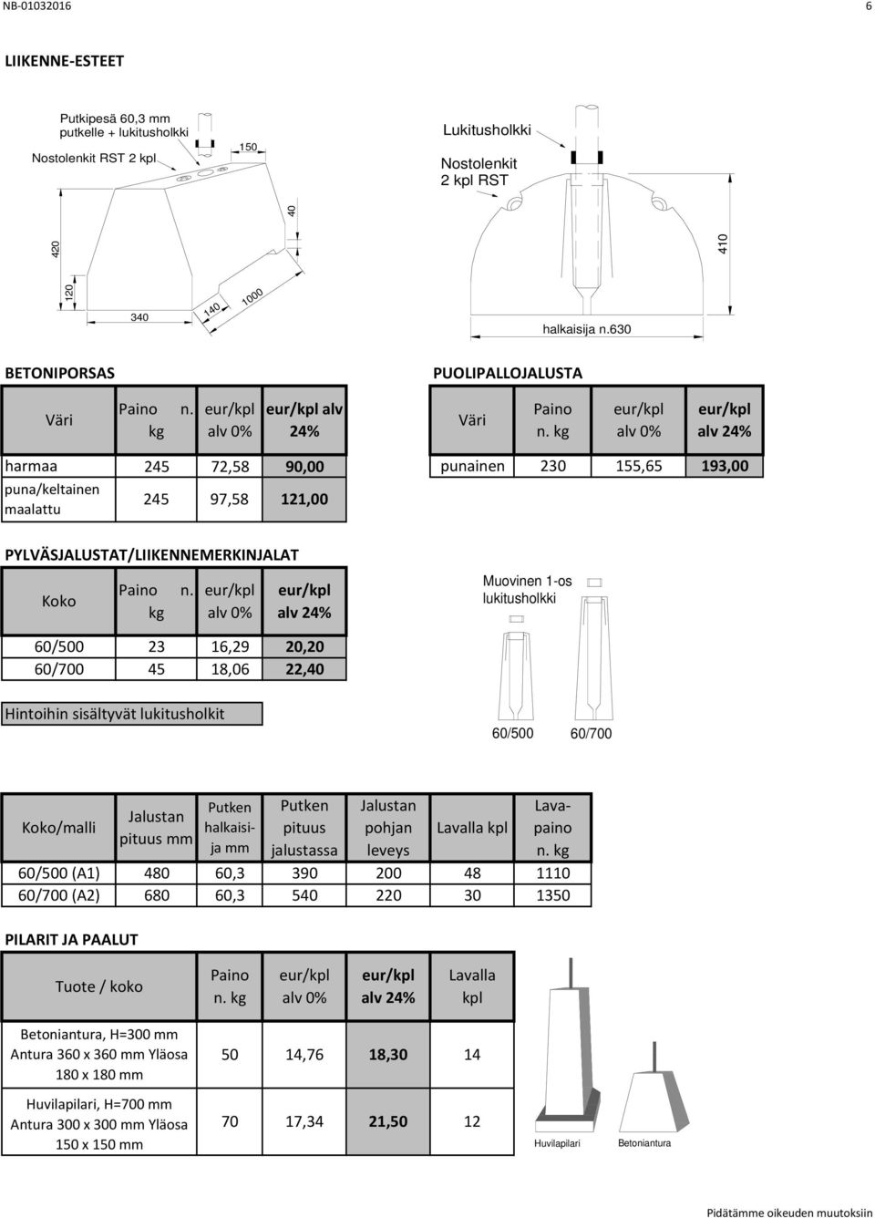 kg Muovinen 1-os lukitusholkki 60/500 23 16,29 20,20 60/700 45 18,06 22,40 Hintoihin sisältyvät lukitusholkit 60/500 60/700 Koko/malli jalustassa leveys n.