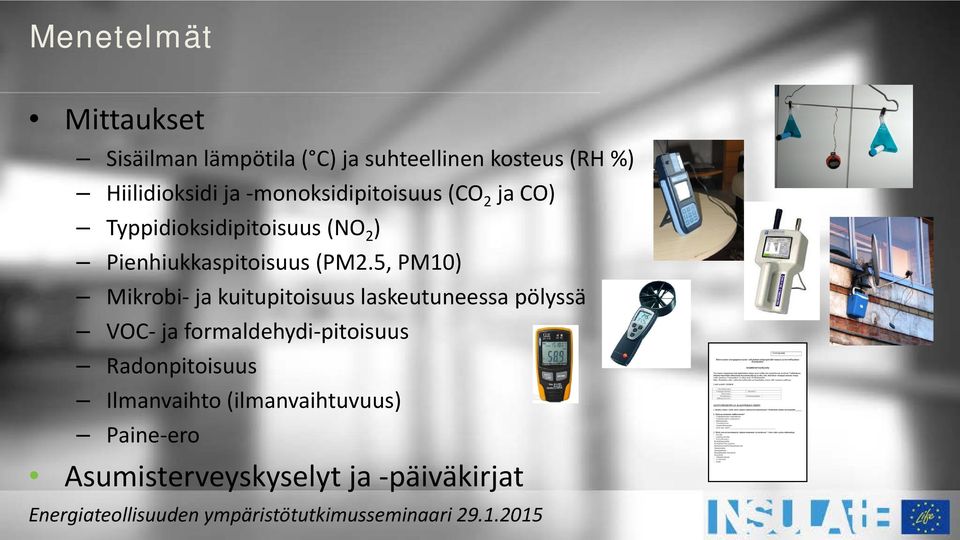 (PM2.5, PM10) Mikrobi- ja kuitupitoisuus laskeutuneessa pölyssä VOC- ja