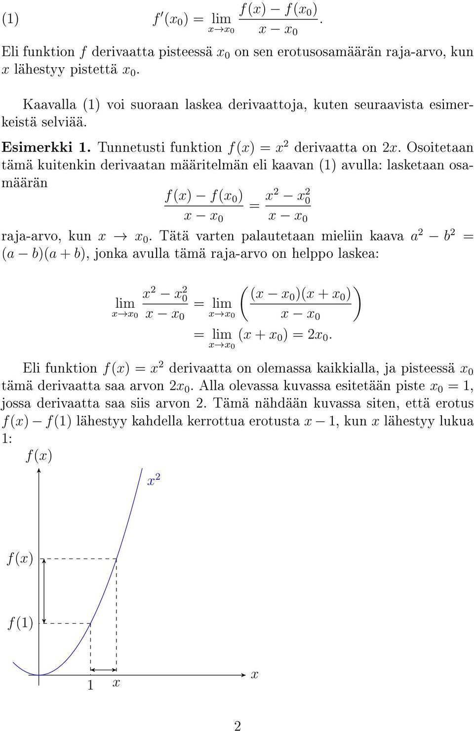 Osoitetaan tämä kuitenkin derivaatan määritelmän eli kaavan (1) avulla: lasketaan osamäärän = 2 2 0 raja-arvo, kun 0.