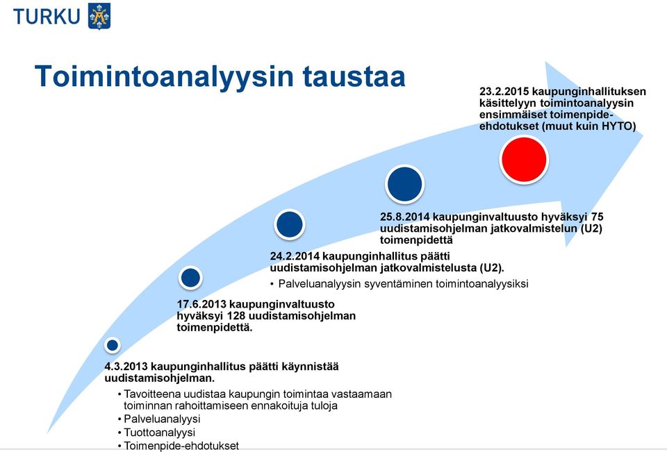 2.2014 kaupunginhallitus päätti uudistamisohjelman jatkovalmistelusta (U2). Palveluanalyysin syventäminen toimintoanalyysiksi 4.3.