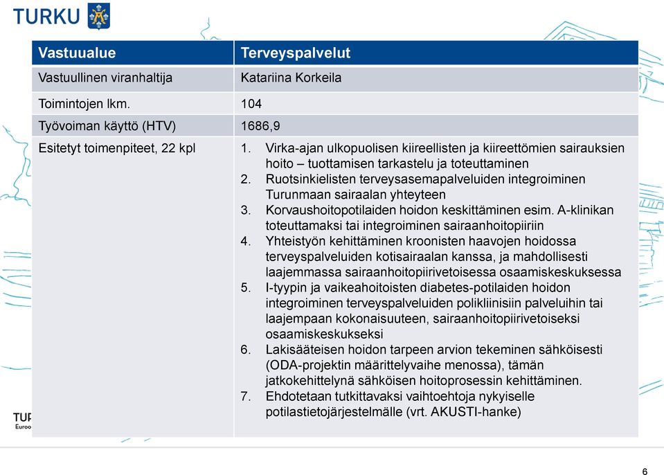 Ruotsinkielisten terveysasemapalveluiden integroiminen Turunmaan sairaalan yhteyteen 3. Korvaushoitopotilaiden hoidon keskittäminen esim.