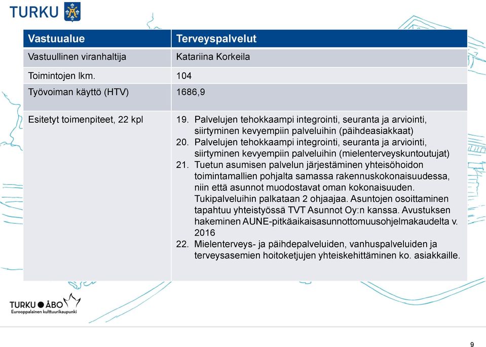 Palvelujen tehokkaampi integrointi, seuranta ja arviointi, siirtyminen kevyempiin palveluihin (mielenterveyskuntoutujat) 21.