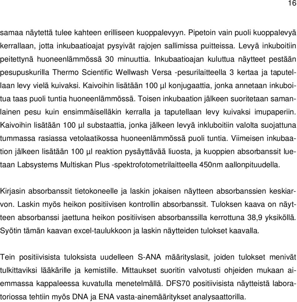 Inkubaatioajan kuluttua näytteet pestään pesupuskurilla Thermo Scientific Wellwash Versa -pesurilaitteella 3 kertaa ja taputellaan levy vielä kuivaksi.