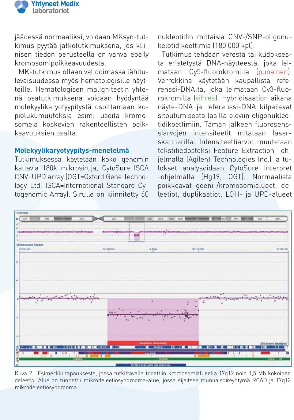 Hematologisen maligniteetin yhtenä osatutkimuksena voidaan hyödyntää molekyylikaryotyypitystä osoittamaan kopiolukumuutoksia esim. useita kromosomeja koskevien rakenteellisten poikkeavuuksien osalta.