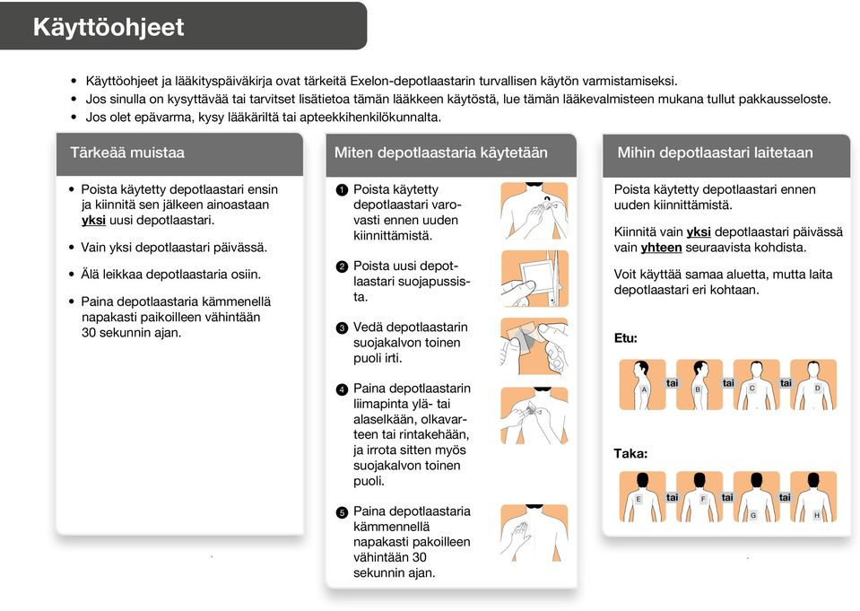 Tärkeää muistaa Miten depotlaastaria käytetään Mihin depotlaastari laitetaan Poista käytetty depotlaastari ensin ja kiinnitä sen jälkeen ainoastaan yksi uusi depotlaastari.