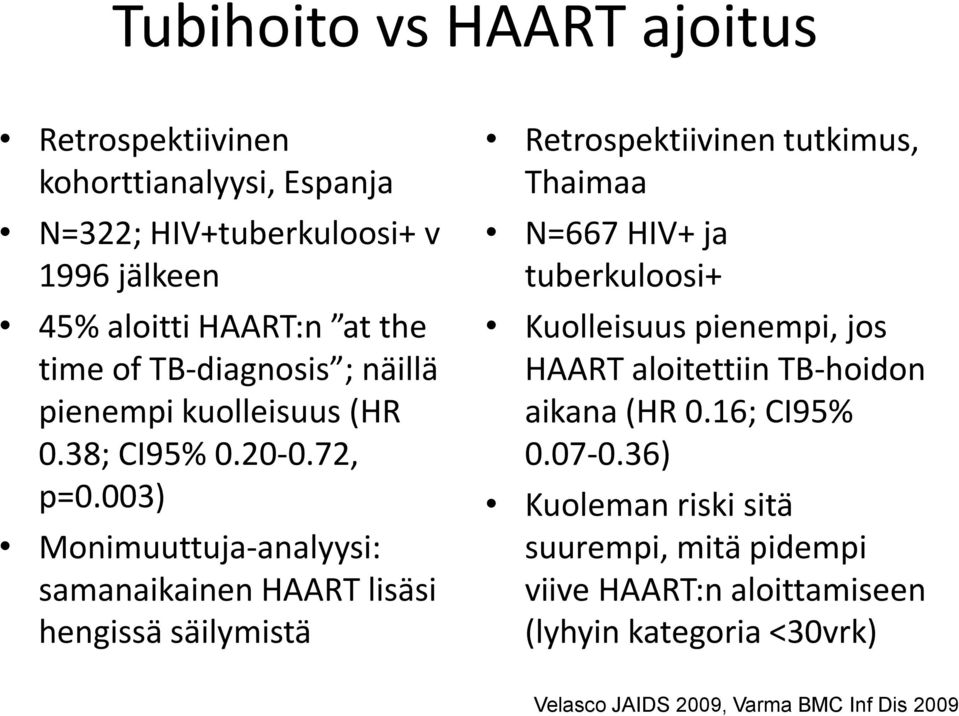 003) Monimuuttuja-analyysi: samanaikainen HAART lisäsi hengissä säilymistä Retrospektiivinen tutkimus, Thaimaa N=667 HIV+ ja tuberkuloosi+