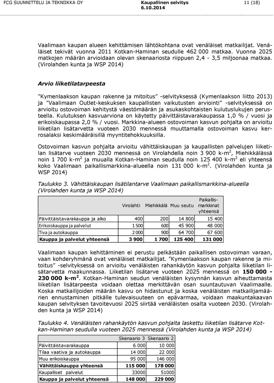 (Virolahden kunta ja WSP 2014) Arvio liiketilatarpeesta Kymenlaakson kaupan rakenne ja mitoitus -selvityksessä (Kymenlaakson liitto 2013) ja Vaalimaan Outlet-keskuksen kaupallisten vaikutusten