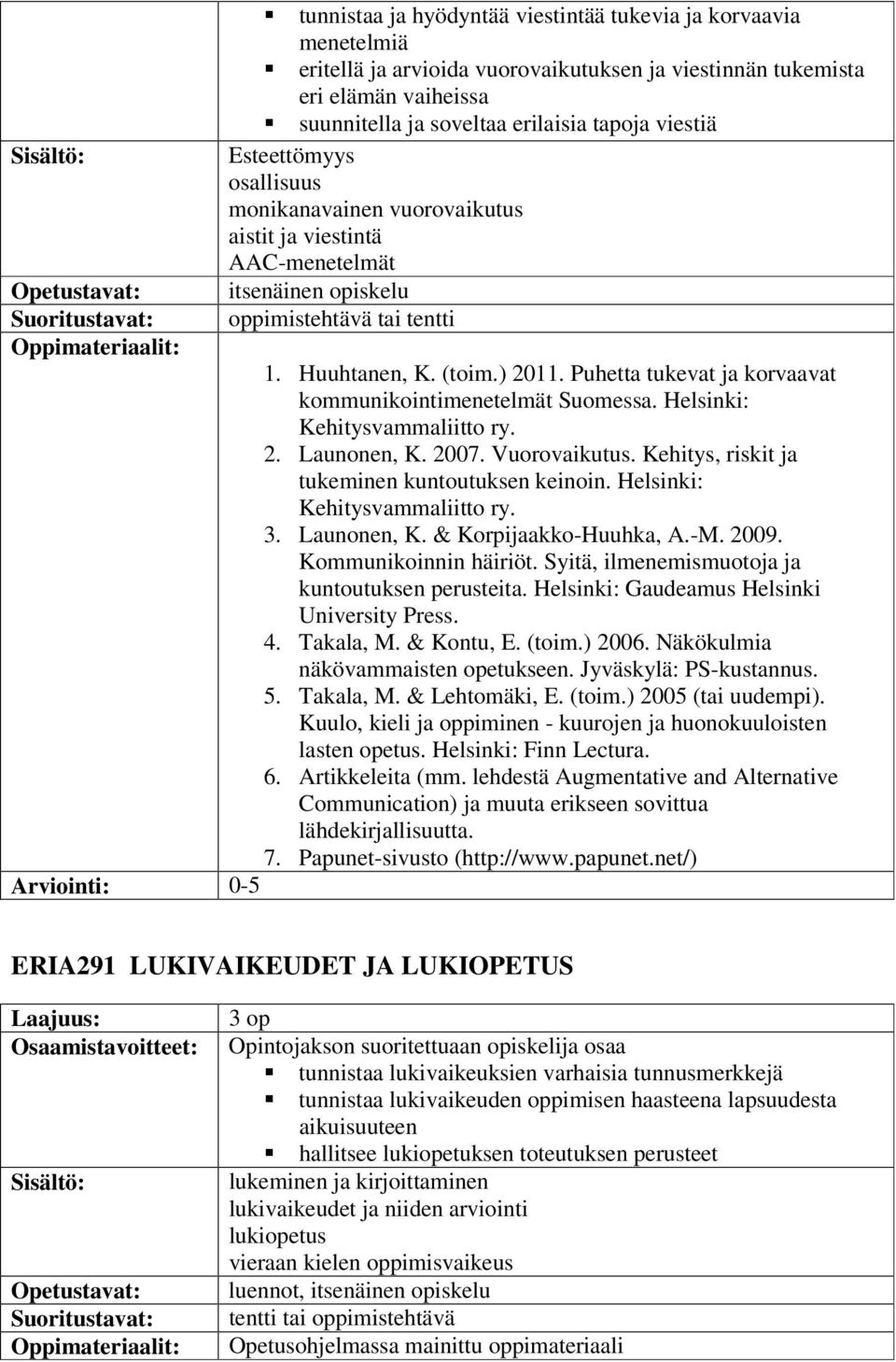 (toim.) 2011. Puhetta tukevat ja korvaavat kommunikointimenetelmät Suomessa. Helsinki: Kehitysvammaliitto ry. 2. Launonen, K. 2007. Vuorovaikutus. Kehitys, riskit ja tukeminen kuntoutuksen keinoin.