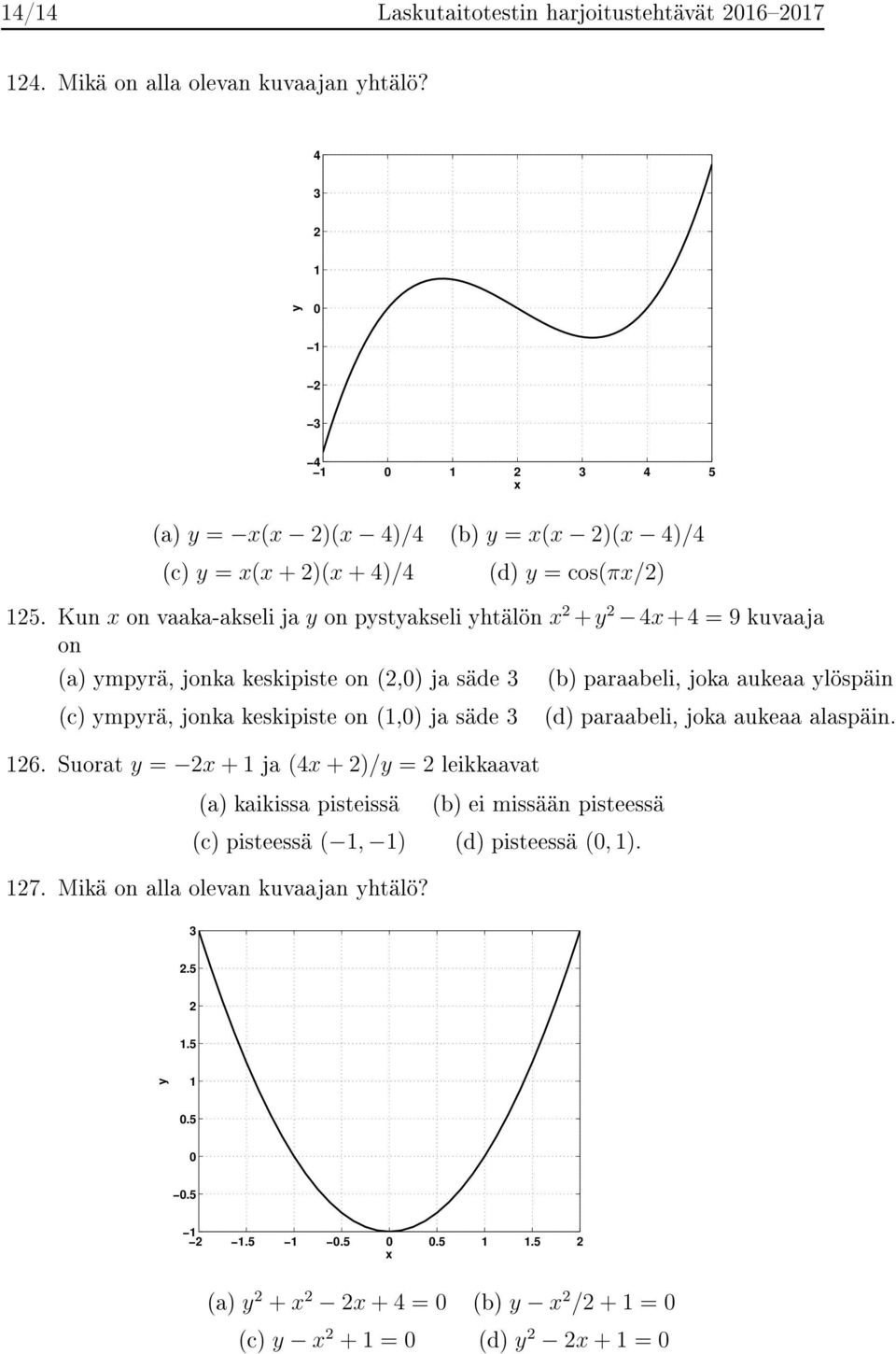 Kun x on vaaka-akseli ja y on pystyakseli yhtälön x 2 + y 2 4x + 4 = 9 kuvaaja on (a) ympyrä, jonka keskipiste on (2,0) ja säde 3 (c) ympyrä, jonka keskipiste on (1,0) ja säde 3 126.