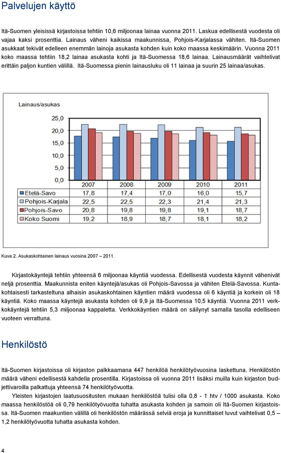 Vuonna 2011 koko maassa tehtiin 18,2 lainaa asukasta kohti ja Itä-Suomessa 18,6 lainaa. Lainausmäärät vaihtelivat erittäin paljon kuntien välillä.