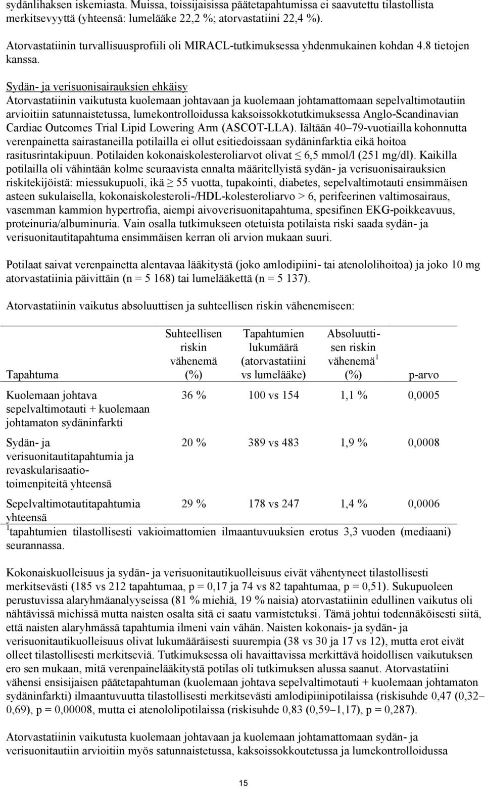 Sydän- ja verisuonisairauksien ehkäisy Atorvastatiinin vaikutusta kuolemaan johtavaan ja kuolemaan johtamattomaan sepelvaltimotautiin arvioitiin satunnaistetussa, lumekontrolloidussa